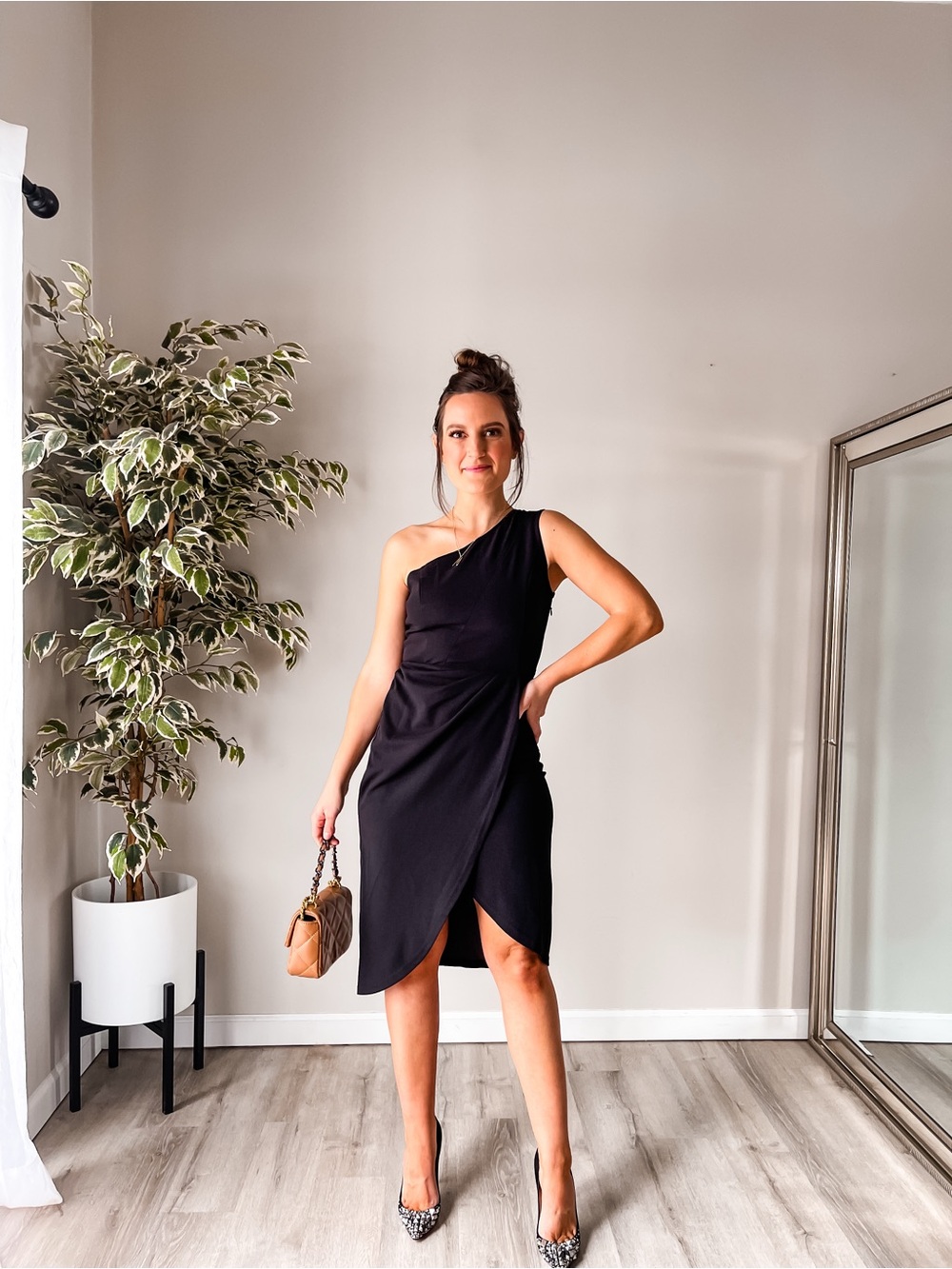 Women's One-Shoulder Black Midi Dress